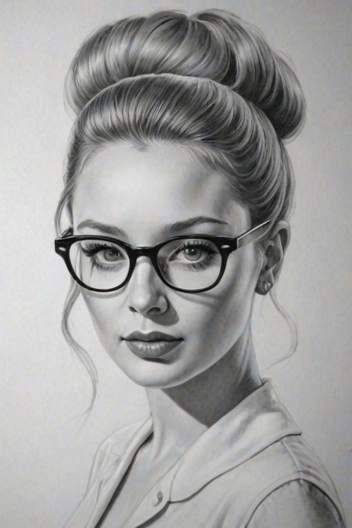 Gorgeous Elisabeth Harnois, pencil sketch, portrait of Bewitching woman 1954s in glasses, hair style beatnik, outline, clear lines, fine lines, 8k
