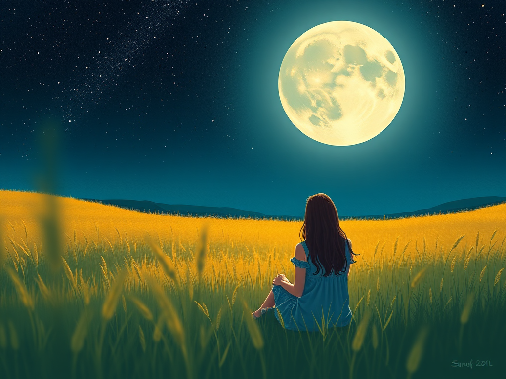 Generate an illustration of a woman sitting in a field at night with a large full moon and a starry sky above, capturing a serene atmosphere, using a DSLR camera with a 50mm lens, f/1.8 aperture, ISO 100, and a shallow depth of field for a soft bokeh effect.