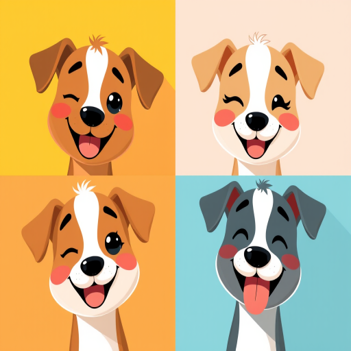 Create a high-resolution digital illustration of four cute cartoon dog faces in a grid format, showcasing different expressions: happy, winking, playful, and giggling, use a Canon EOS R5 camera with a 50mm lens, f/1.8 aperture, ISO 100, and natural soft lighting for vibrant colors and sharp details.