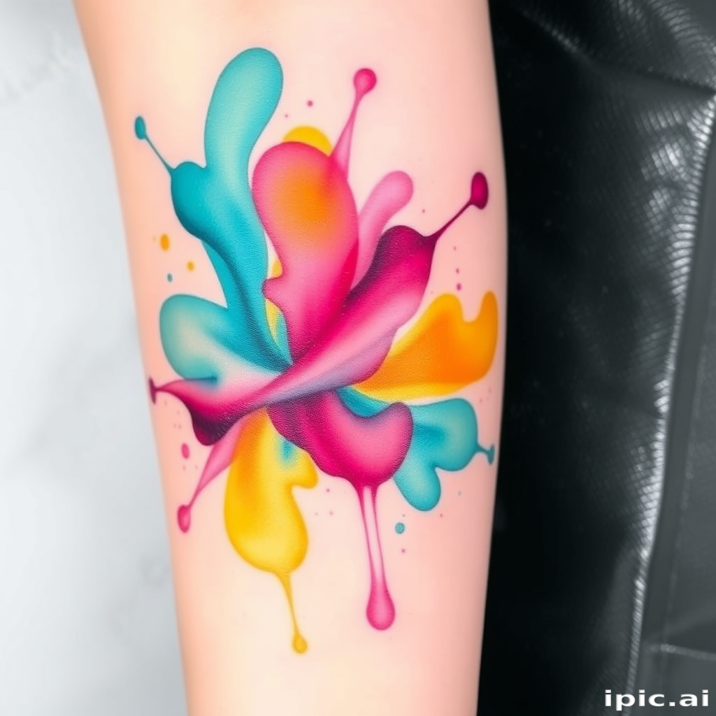 Vibrant watercolor splash tattoo named "Chromatic Symphony" featuring swirling hues of teal, magenta, and golden yellow blending seamlessly across the skin with delicate ink splatters and fine line accents
