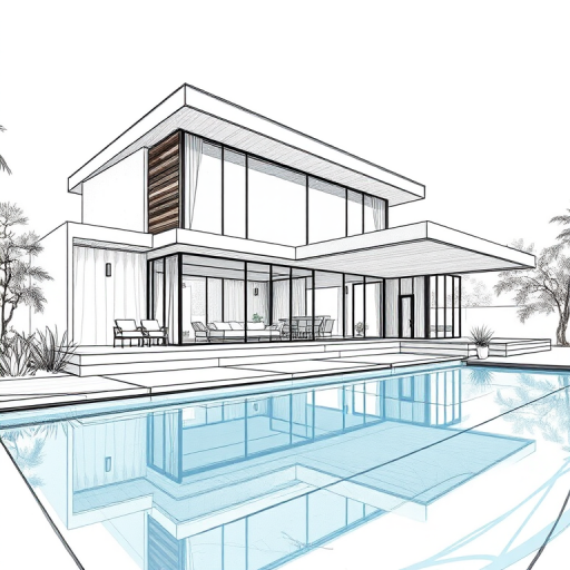 modern architectural design of a house with large glass windows and a pool, architectural sketch style, soft natural lighting, taken with a DSLR camera at f/8 aperture, ISO 100, 24mm lens, HDR photography, shallow depth of field.