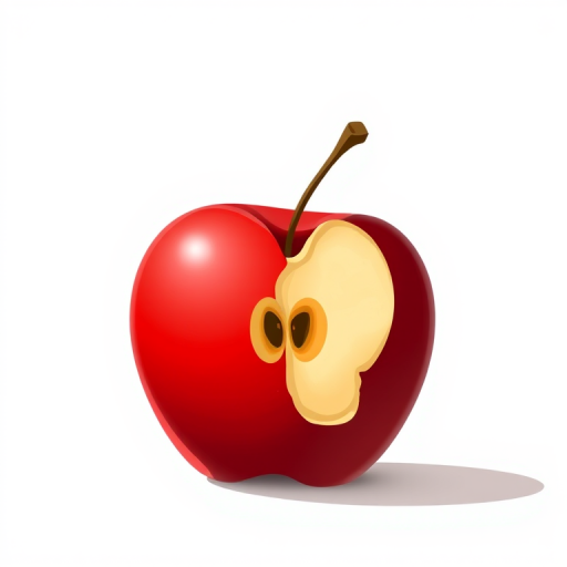 Create a vibrant illustration of a half-eaten red apple against a simple background, using a Canon EOS R5 with a 50mm f/1.2 lens, aperture set to f/2.8, ISO 100, and a shallow depth of field to enhance focus on the apple while slightly blurring the background.