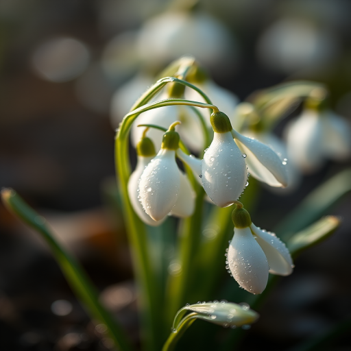 Close-up of dew-covered snowdrop flowers with a soft bokeh background, taken with a DSLR camera, 50mm lens, f/1.8 aperture, ISO 100, 1/200s shutter speed, natural light.
