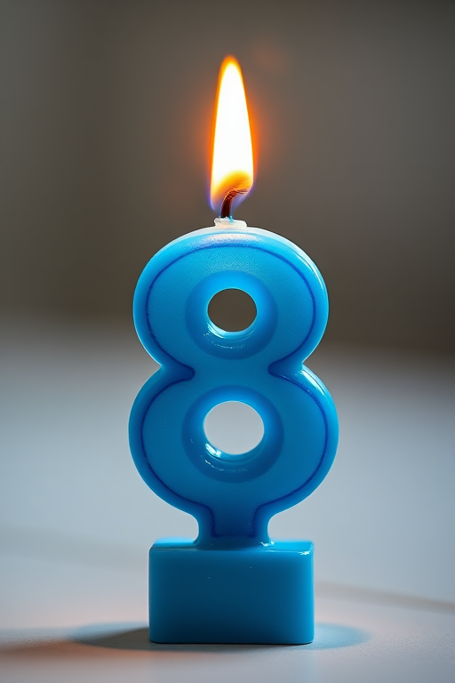 Create a vibrant, high-resolution image of a blue birthday candle shaped like the number 8, lit with a flickering flame, using a 50mm lens at f/2.8, ISO 100, shot in natural light with a shallow depth of field to emphasize the candle against a blurred background.