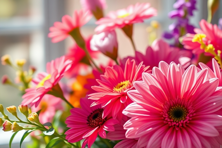 Create a high-resolution image of a close-up floral arrangement featuring vibrant flowers in natural sunlight, shot with a Canon EOS 5D Mark IV, 50mm lens, aperture f/1.8, ISO 100, shallow depth of field, focus on foreground flowers.