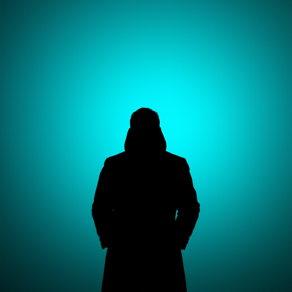Create a silhouette of a person in a dark coat against a glowing teal background, using a DSLR camera with a 50mm lens at f/1.8 aperture, ISO 200, and a shallow depth of field to enhance the contrast and focus on the silhouette.