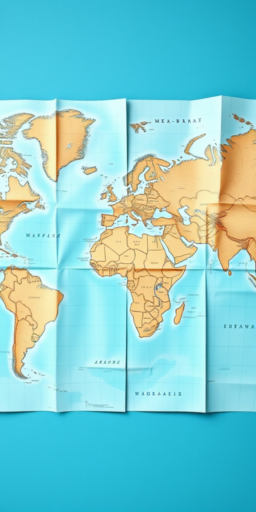Create a high-quality digital illustration of an unfolded map with a bright turquoise color, using a DSLR camera with a 35mm lens, aperture f/2.8, ISO 100, in a flat lay view, focusing on the textures and details of the map.