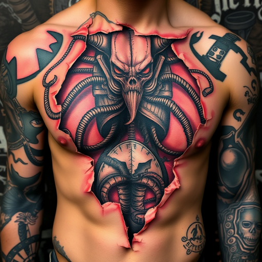 Horror-themed biomechanical tattoo revealing grotesque alien anatomy beneath torn flesh, incorporating elements of H.R. Giger's artwork for a disturbing and fascinating effect
