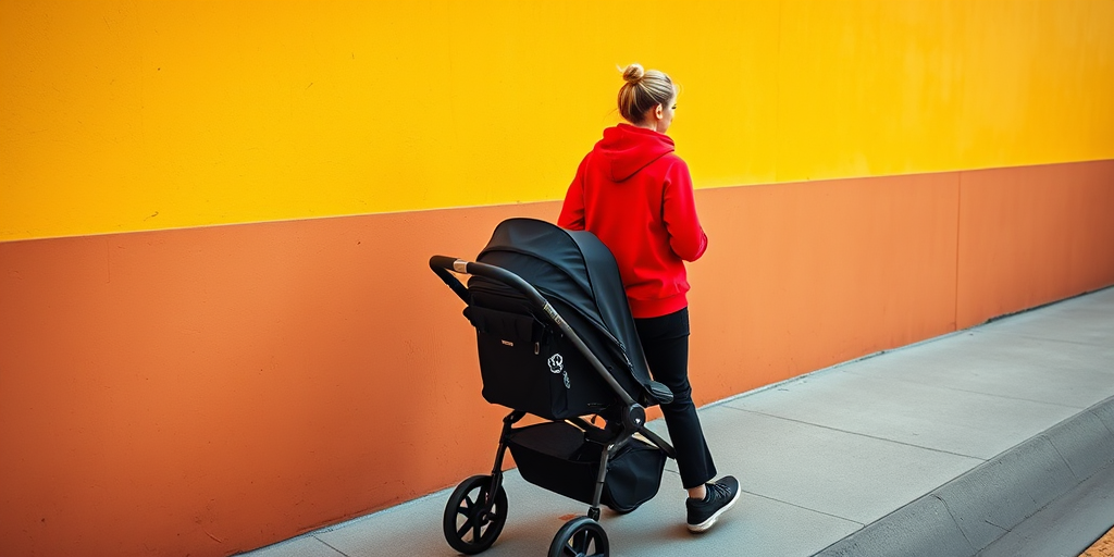 Generate an image of a woman in a red hoodie walking with a black baby stroller along a yellow wall in bright daylight, using a DSLR camera with a 50mm lens, aperture f/1.8, ISO 100, and a shallow depth of field for a soft background blur.