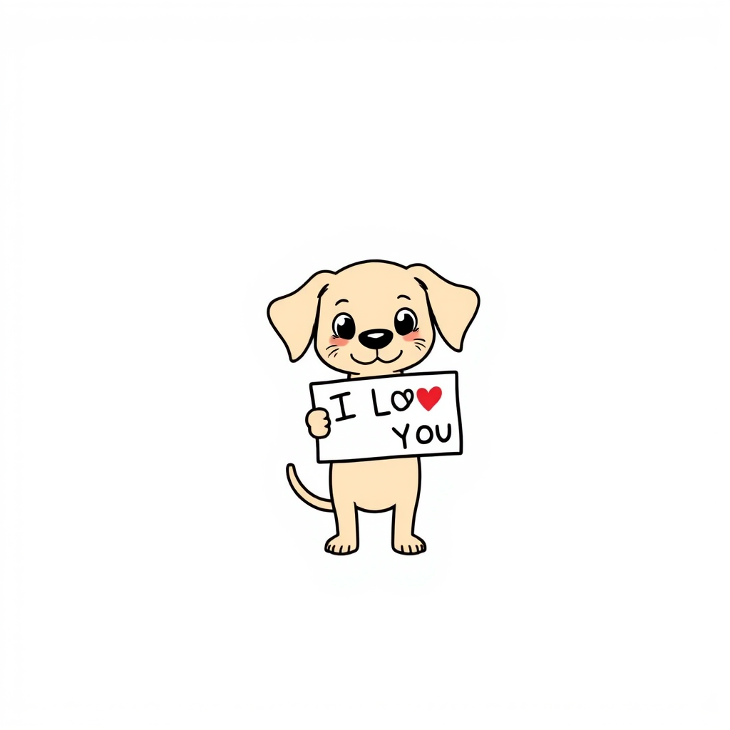 A minimalist cartoon of a PUPPY standing on a blank white background, holding a sign that simply says, 'I LOVE YOU.' The puppy is drawn with just a few lines: big eyes, whiskers, floppy ears, and a straight tail, giving it a comically desperate expression.