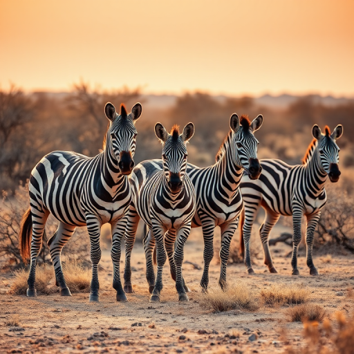Create a hyper-realistic image of a group of zebras standing in a dry, bushy landscape during golden hour, with a Canon EOS-1D X Mark III camera, 135mm lens, f/4 aperture, ISO 200, and a shallow depth of field to enhance focus on the zebras while softly blurring the background.