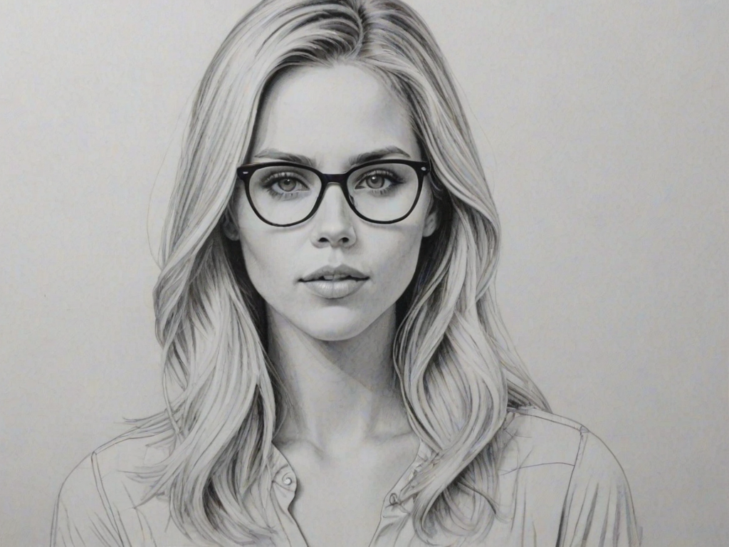 Alluring Claire Holt, pencil sketch, portrait of Fetching woman 1975s in glasses, hair style beatnik, outline, clear lines, fine lines, 8k