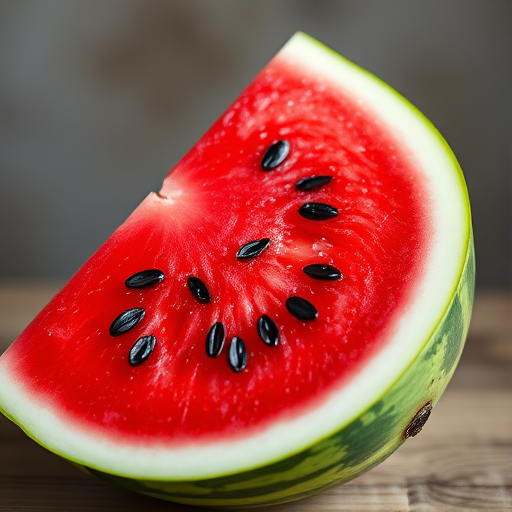 Generate a high-quality image of a watermelon slice with a vibrant red interior, dark seeds, and a green rind, captured with a DSLR camera at f/2.8 aperture, ISO 100, 50mm lens, and a shallow depth of field for a soft background effect.