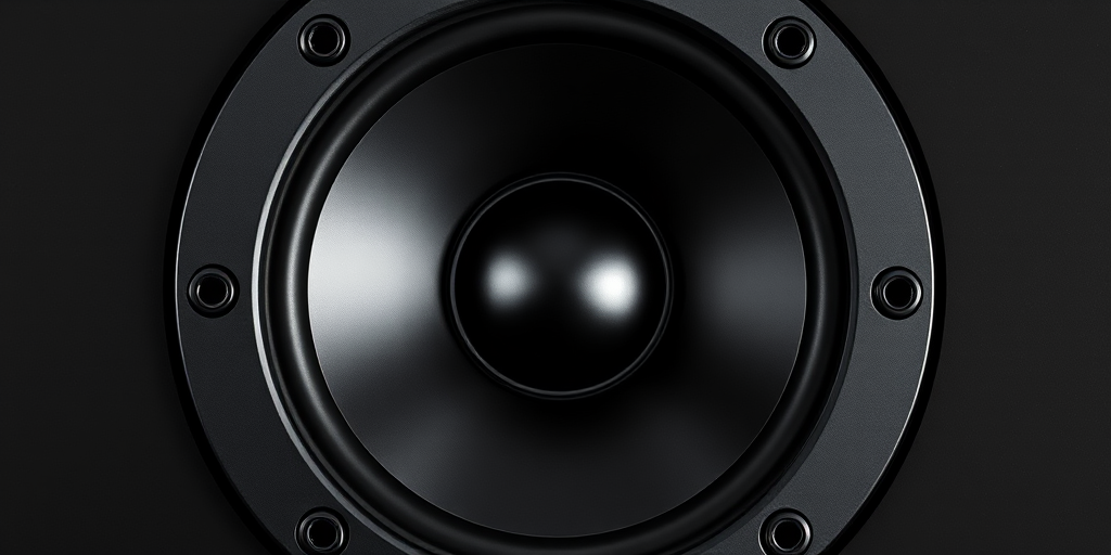 Create a high-resolution image of a circular black speaker with a metallic finish, using a DSLR camera with a 50mm f/1.8 lens, aperture set to f/2.8, ISO 100, and shot from a top-down angle with soft lighting to enhance details and reflections.