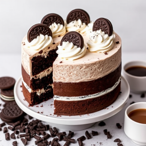 Chocolate cream cake with layers of dark chocolate sponge filled with cookies and cream frosting topped with whipped cream swirls and Oreo cookie halves on a white cake stand with a slice cut out, surrounded by crushed chocolate cookies and a small bowl of coffee.