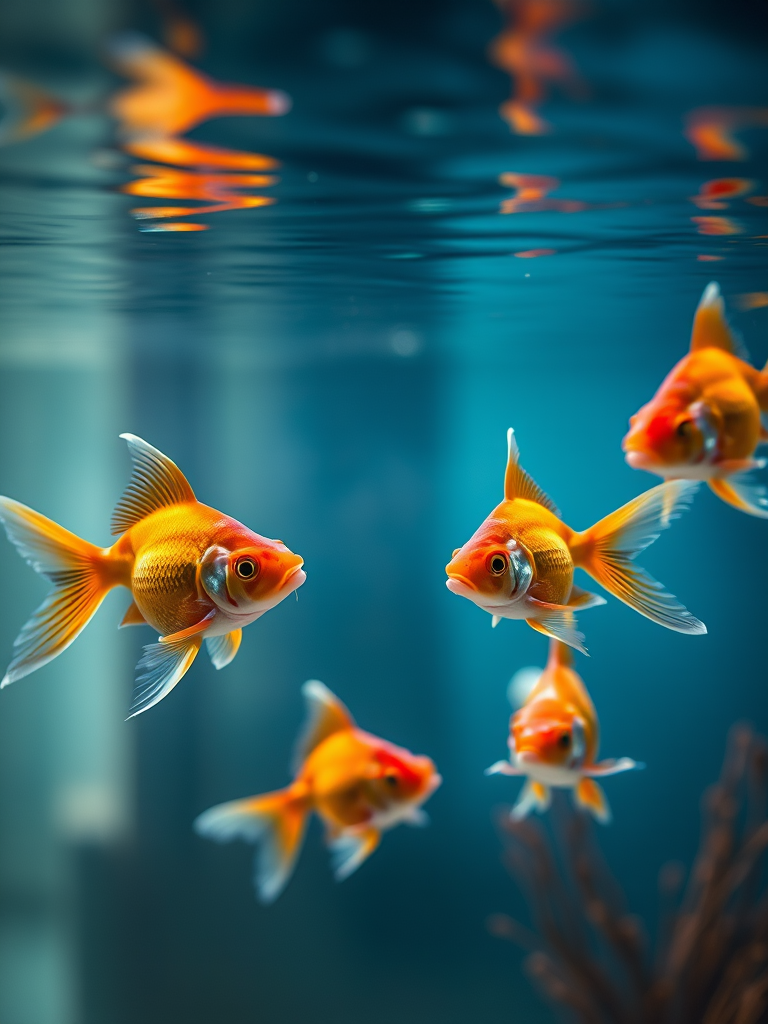 Regenerate the image of four goldfish swimming in a serene underwater setting with soft lighting, using a Nikon D850 camera, 50mm lens, f/1.8 aperture, ISO 200, shot at 1/125 sec, in a shallow depth of field, capturing the vibrant colors and textures of the fish and their environment.