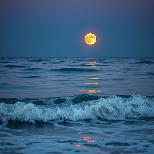 Capture a serene seascape at dusk featuring a large, vibrant full moon reflecting on calm ocean waves, shot with a Canon EOS R5, 85mm lens, aperture f/4, ISO 200, 1/200 seconds, landscape orientation, soft focus on the foreground waves for a dreamy effect.