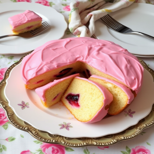 A beautifully arranged plate of freshly sliced cake with pink frosting and a layer of fruit filling visible in the slices, served on a decorative platter with a floral cloth in the background, accompanied by elegant white plates and forks.