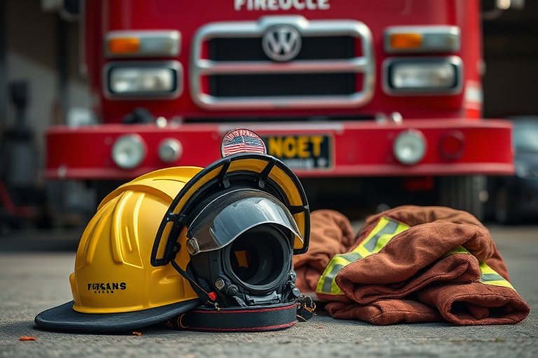 Capture a close-up shot of firefighting gear, including a helmet and jacket, placed on the ground in front of a red fire truck, using a DSLR camera with a 50mm lens, aperture f/2.8, ISO 200, and natural lighting for enhanced clarity and depth.