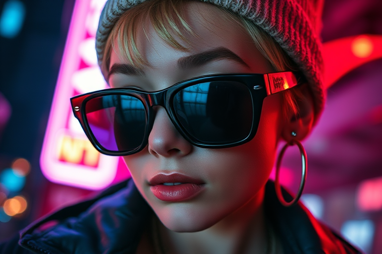 face close up, alternative girl, watching over black sunglasses, jacket, necklace, neon light reflections on skin, ear ring, makeup, skin imperfection, short hair, beanie, neon lights background, low light, depth of field, highly detailed, high contrast, film grain, Rim Lighting, Long Exposure, DSLR