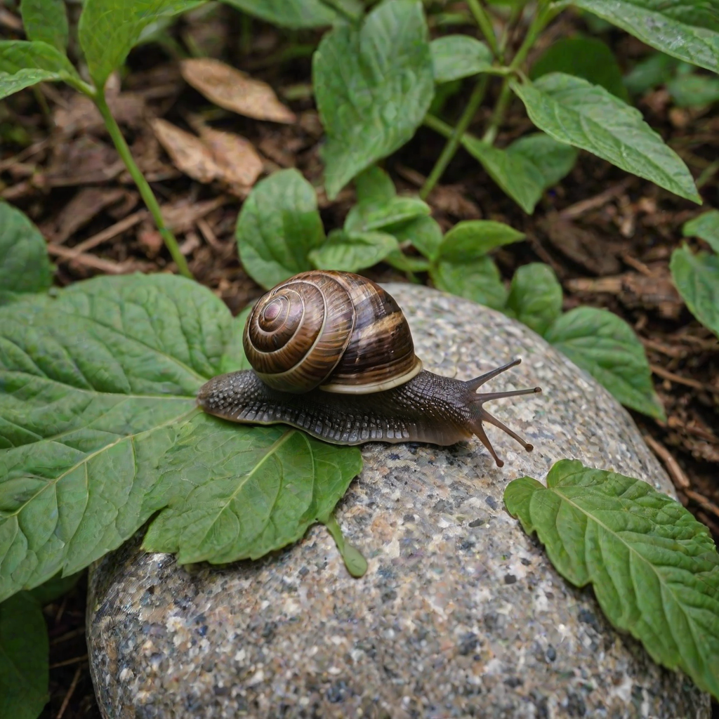 a close-up of a snail on a stone surrounded by green leaves in a natural setting