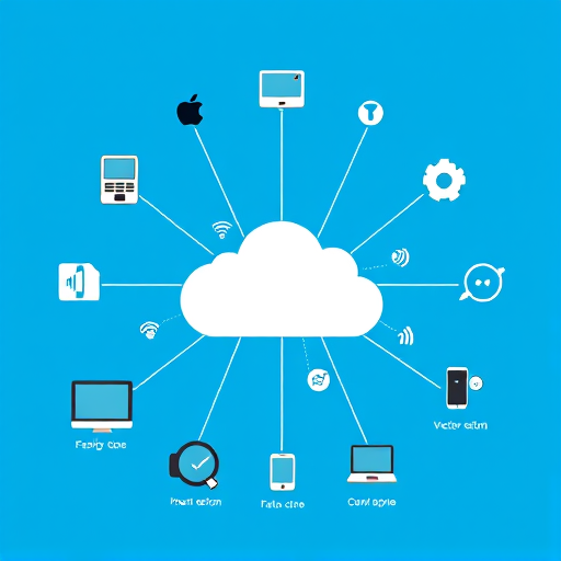 Create an infographic depicting various connected devices and applications within a cloud network, using a flat design style on a blue background, with high-resolution vector graphics, 300 DPI, viewed at a close-up angle, using a digital camera with a focal length of 35mm, aperture set to f/8 for sharpness and depth of field.