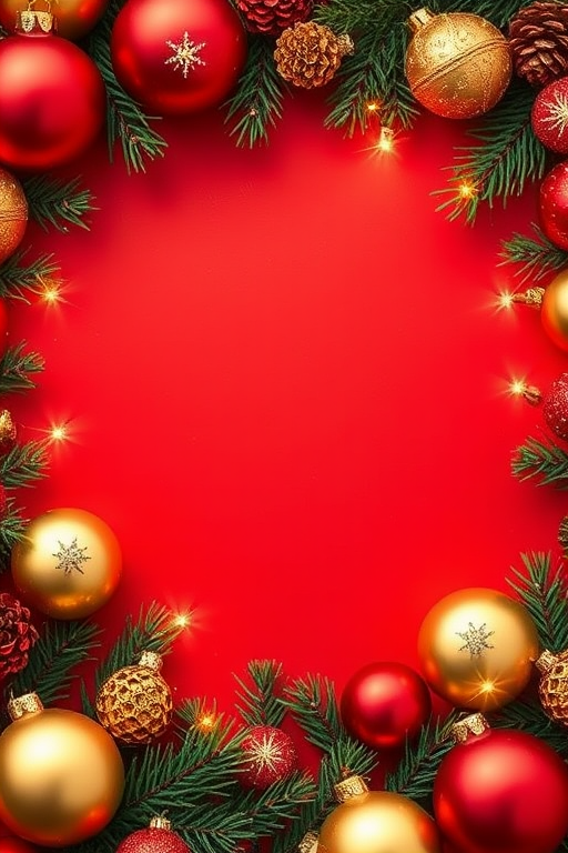 Create a festive holiday background featuring a vibrant red center surrounded by an arrangement of Christmas ornaments in gold and red. Include pine branches and sparkling lights to enhance the seasonal feel, ensuring a cheerful and warm atmosphere.