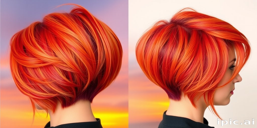 Vibrant Sunset Pixie Cut featuring fiery orange and red hues blending seamlessly with soft golden highlights creating a mesmerizing gradient effect reminiscent of a beautiful sunset sky
