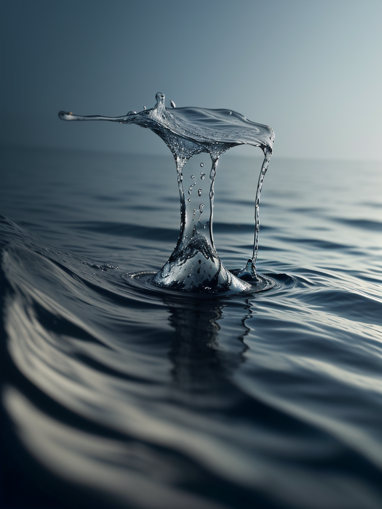 Captivating Moment of Water Droplet Suspended Above Serene Ocean Surface