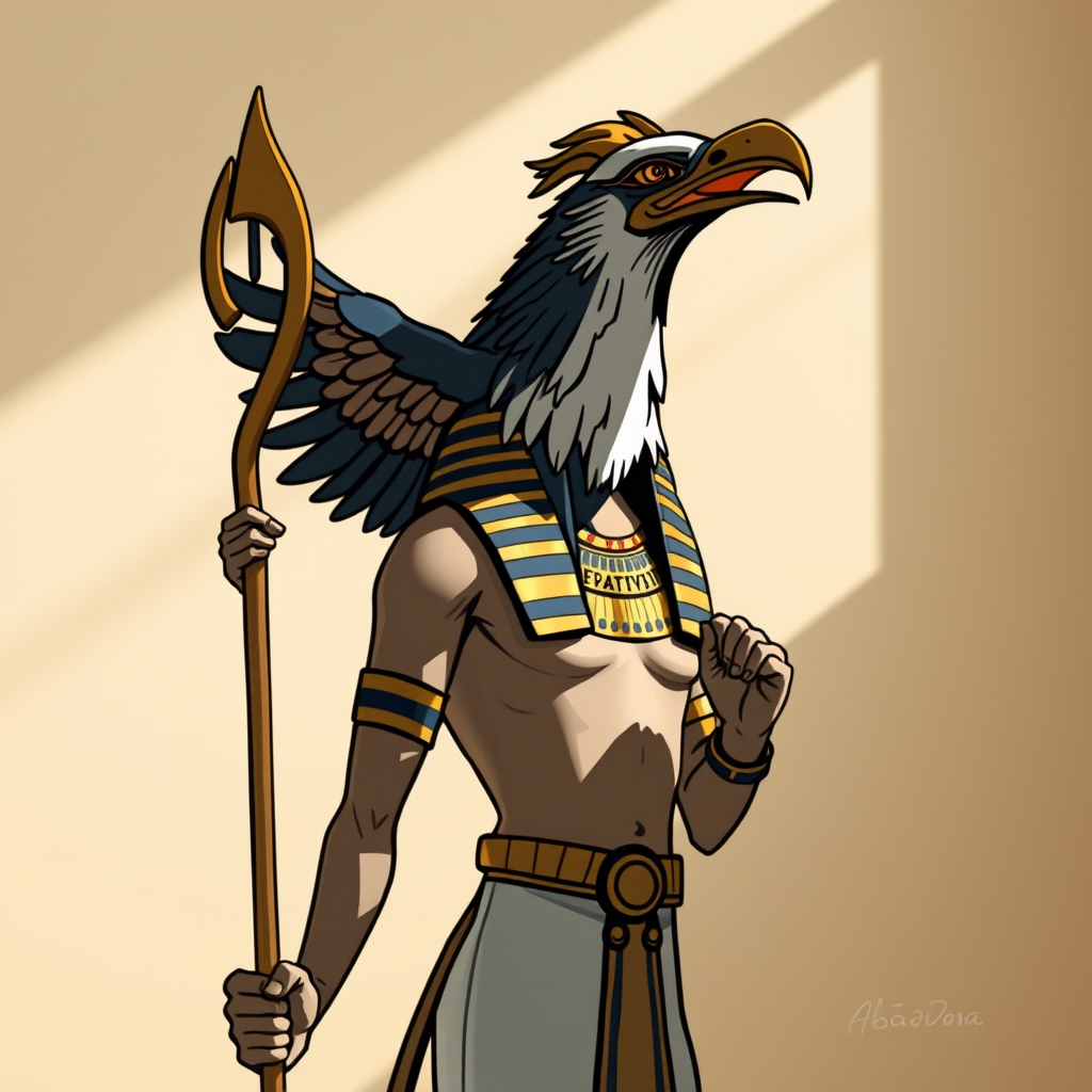 Create an illustration of an ancient Egyptian deity with a human body and a bird head, holding a symbol of power, using a DSLR camera with a 50mm lens, f/1.8 aperture, ISO 100, in natural light, capturing a side view with soft shadows for depth and clarity.