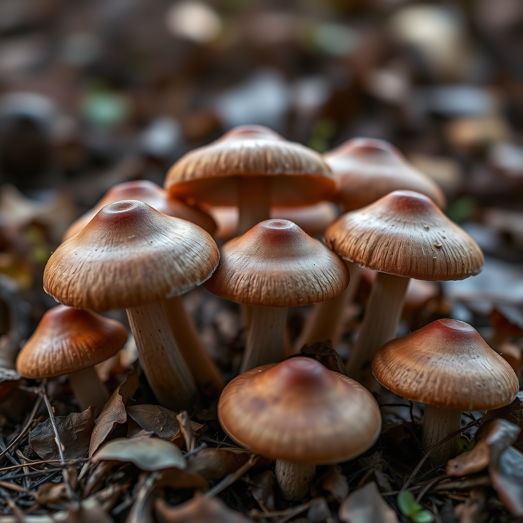 Generate an image of several brown mushrooms arranged in a natural setting, captured with a Canon EOS R5, 50mm lens, f/2.8 aperture, ISO 100, macro view, soft lighting, and vibrant colors for enhanced detail and quality.