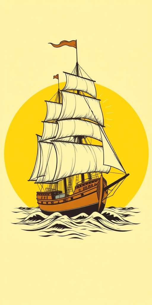 Create a detailed illustration of a vintage sailing ship on a bright yellow circular background, with sun rays shining from one corner, using a DSLR camera with a focal length of 50mm, aperture set to f/8, ISO 100, and a soft focus style to enhance image quality.