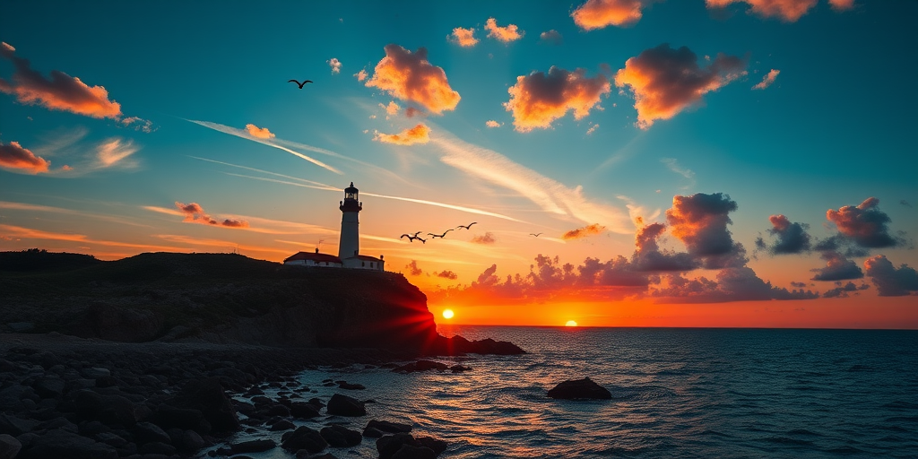 create a vibrant sunset scene with a silhouette of a lighthouse on a cliff, surrounding ocean with small rocks, a bright orange sun setting on the horizon, detailed clouds, and flying birds in the sky, captured with a DSLR camera at f/8 aperture, ISO 100, 1/250 sec shutter speed, wide-angle lens, landscape orientation
