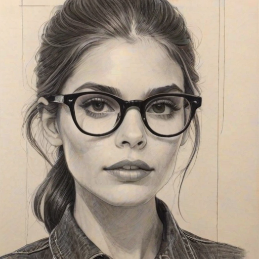 Alluring Caitlin Stasey, pencil sketch, portrait of Sublime woman 1954s in glasses, hair style beatnik, outline, clear lines, fine lines, 8k