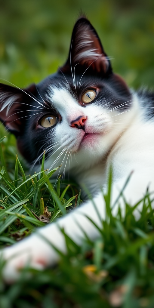 Generate an image of a black and white cat lying on green grass with a shallow depth of field, using a DSLR camera at f/2.8, 1/200 sec shutter speed, ISO 100, in natural light, focusing on the cat's face while blurring the background.