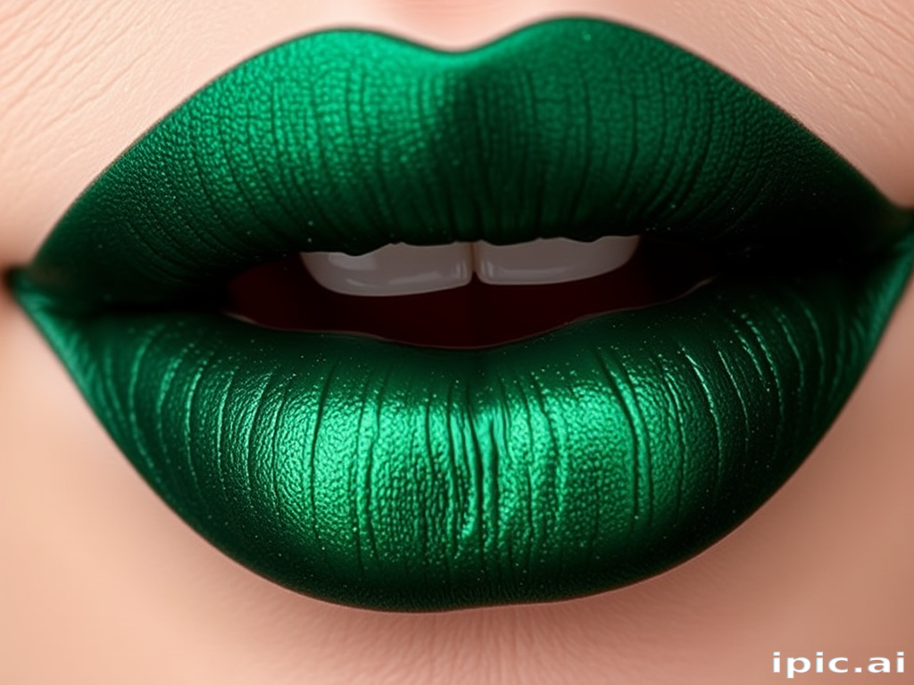 Mysterious "Enchanted Forest" lip stain creates a deep emerald green hue on perfectly shaped lips, featuring a long-lasting formula with a subtle metallic sheen