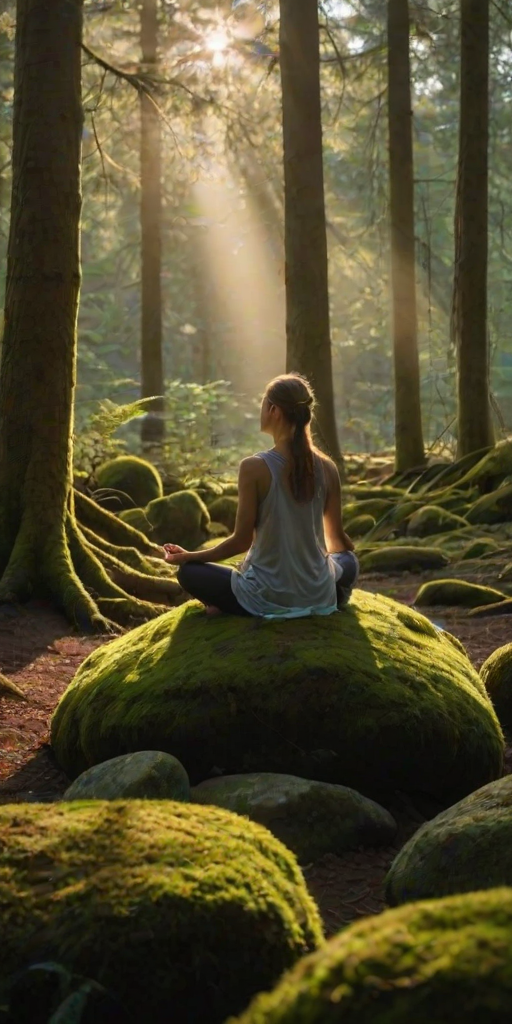 Serene forest clearing at dawn, sunlight streaming through the trees, a woman sits on a moss-covered rock, meditating as birds sing in the canopy above.