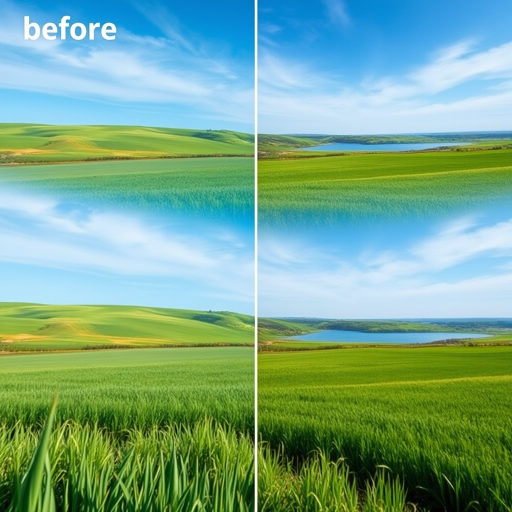 Regenerate an image of a serene landscape with a clear blue sky, lush green fields, and a calm lake, captured with a Canon EOS R5, 24mm lens, f/8 aperture, ISO 100, in vibrant colors to enhance clarity and detail.
