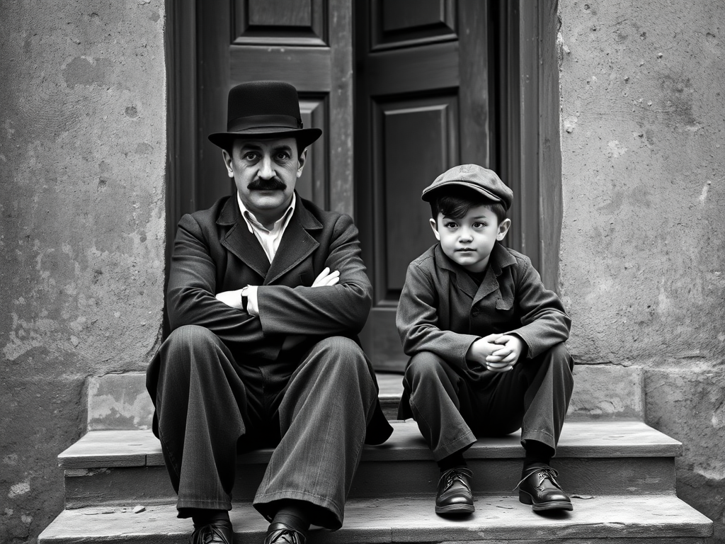 A black-and-white photograph of a man and a child sitting on steps in front of a doorway. The man is dressed as a tramp with a bowler hat, mustache, and ragged clothes, reminiscent of Charlie Chaplin's iconic look. He is sitting with his arms crossed and an expression of slight sadness or frustration. Next to him is a young boy, also in worn clothes and a cap, sitting with his hands clasped, looking thoughtful. The background is an old, textured wall and a partially open door, creating a vintage, early 20th-century atmosphere.