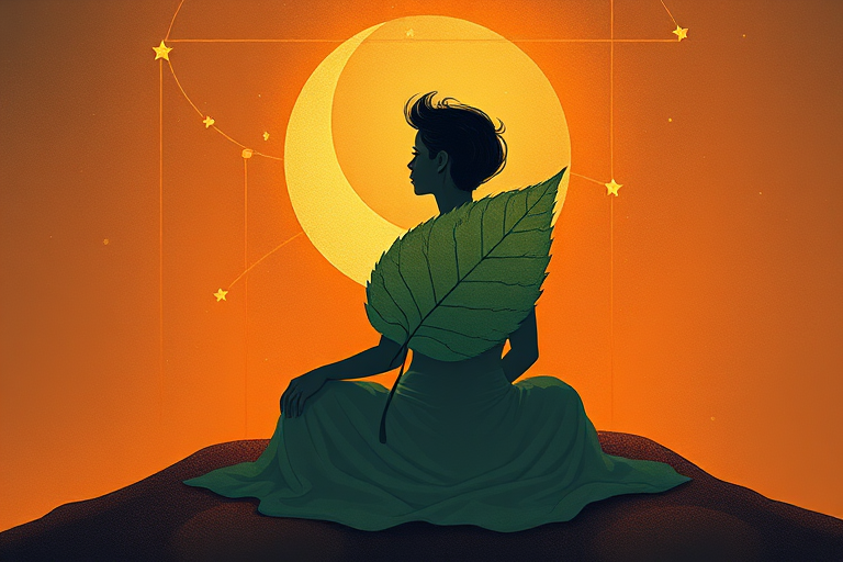 Create a digital illustration of a seated figure with a large leaf, surrounded by a crescent moon and constellation lines, using a warm color palette, shot with a Canon EOS R5 at f/8, ISO 100, 50mm lens in a soft focus artistic style.