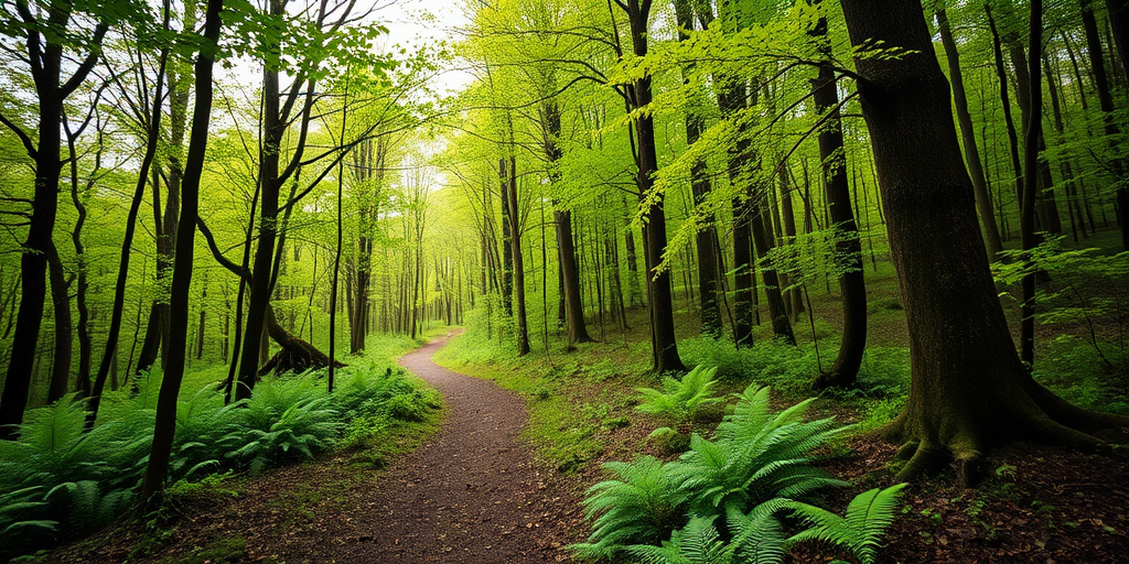 forest path with vibrant green trees and ferns, soft natural light, shallow depth of field, ISO 200, f/2.8, 50mm lens, DSLR camera, landscape perspective