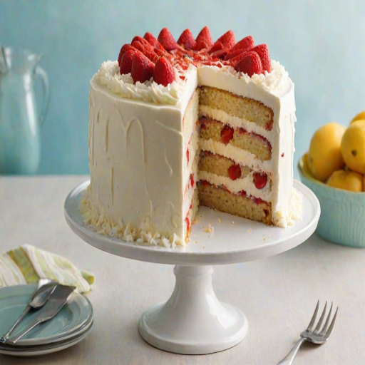 Generate an image of a moist layered cake with a rich cream frosting. The cake should have visible layers of light sponge and a fruity filling, possibly strawberry or raspberry, peeking through the frosting. The exterior should be generously covered in shredded coconut, adding texture and a tropical feel. The setting should be bright and inviting, highlighting the cake's delicious details.