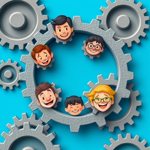 Create a digital illustration featuring diverse cartoon faces within gray gears against a bright blue background, captured with a Canon EOS R, 50mm lens, f/2.8 aperture, ISO 100, shot in landscape mode for enhanced detail and vibrant colors.