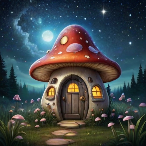 this image is illustration of a mushroom house with a door and a window, a storybook , fantasy art, mushroom house, bg starry sky, sparkles