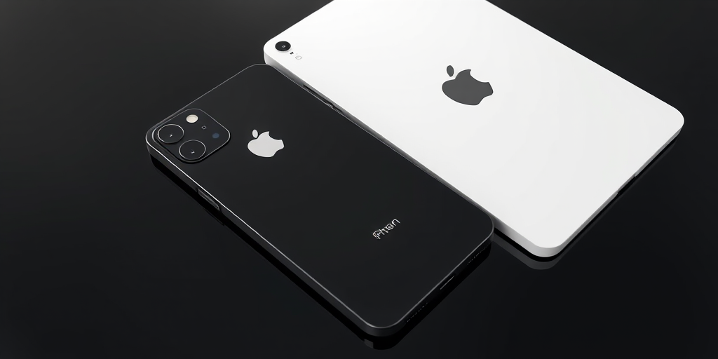 Create a realistic 3D render of a black iPhone and a white iPad positioned on a black reflective surface, use a Canon EOS R5 camera with a 50mm f/1.2 lens, set aperture to f/4, ISO 100, shutter speed 1/60s, overhead view with soft diffused lighting to enhance the devices' features and reflections.