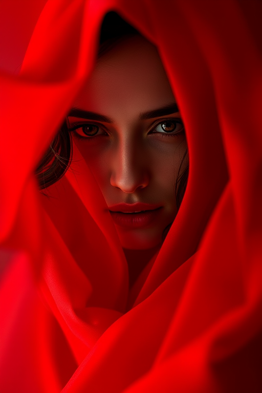 Create a striking portrait of a mysterious figure with their face partially obscured by flowing red fabric, capturing the essence of elegance and allure, using a Canon EOS R5 with an 85mm f/1.2 lens, aperture set to f/1.2 for a shallow depth of field, with a soft bokeh background, high-contrast lighting to accentuate the vibrant red and the contours of the subject's face.
