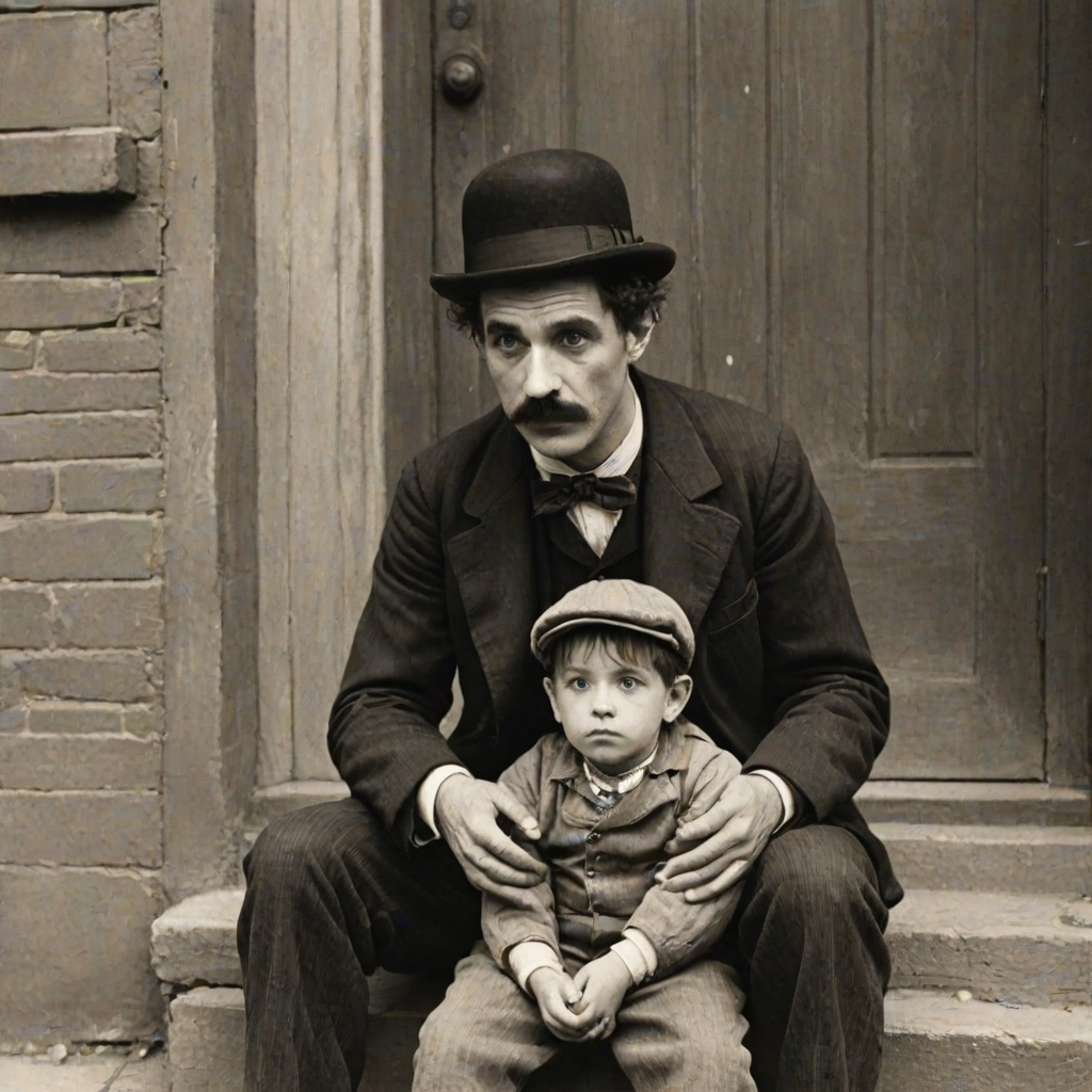 A black-and-white photograph of a man and a child sitting on steps in front of a doorway. The man is dressed as a tramp with a bowler hat, mustache, and ragged clothes, reminiscent of Charlie Chaplin's iconic look. He is sitting with his arms crossed and an expression of slight sadness or frustration. Next to him is a young boy, also in worn clothes and a cap, sitting with his hands clasped, looking thoughtful. The background is an old, textured wall and a partially open door, creating a vintage, early 20th-century atmosphere.