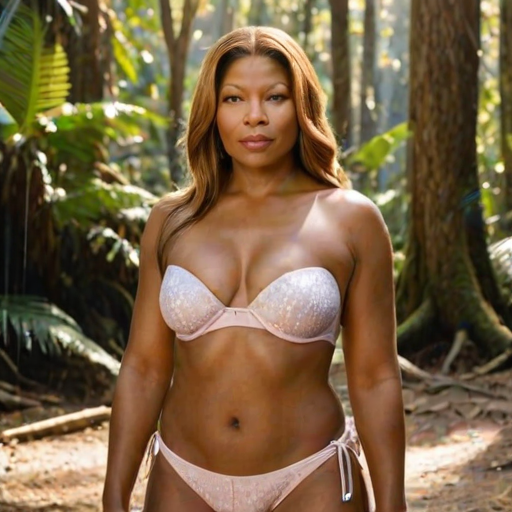 A photo of an old, beautiful Queen Latifah with light tanned skin, a small nose, and soft pink lips. She has perfect symmetric eyes and wears a strapless transparent bikini. She has a big female bosom with push-up. The model is standing under the warm sunlight, showcasing her toned figure and delicate curves. The background is a rain forest with sparkling water and trees. The overall ambiance is a perfect blend of luxury, glamour, and beachside leisure.