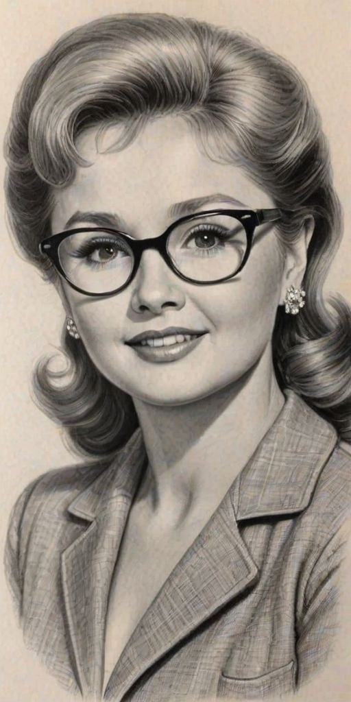 Delightful Debbie Reynolds, pencil sketch, portrait of Sublime woman 1955s in glasses, hair style beatnik, outline, clear lines, fine lines, 8k