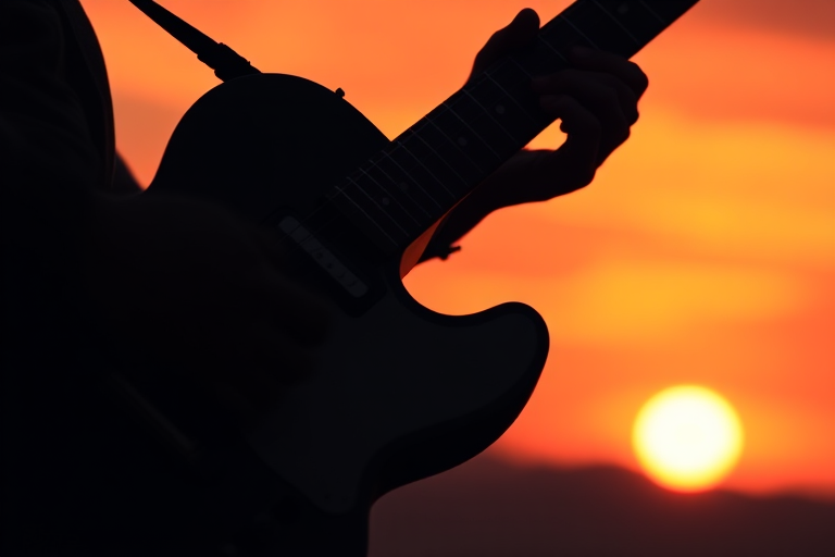 Capture a detailed, high-resolution silhouette of a guitar against a vibrant sunset background, using a Canon EOS R5 with a 50mm f/1.2 lens, aperture set to f/1.8 for a shallow depth of field, ISO 100, and a shutter speed of 1/200s, with a dramatic low-angle perspective to enhance the silhouette effect.